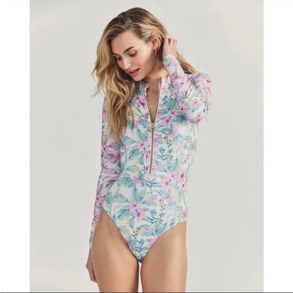 Hurley x LoveShackFancy Max Hawaiian Hibiscus Long Sleeve One piece Bodysuit - Picture 13 of 16